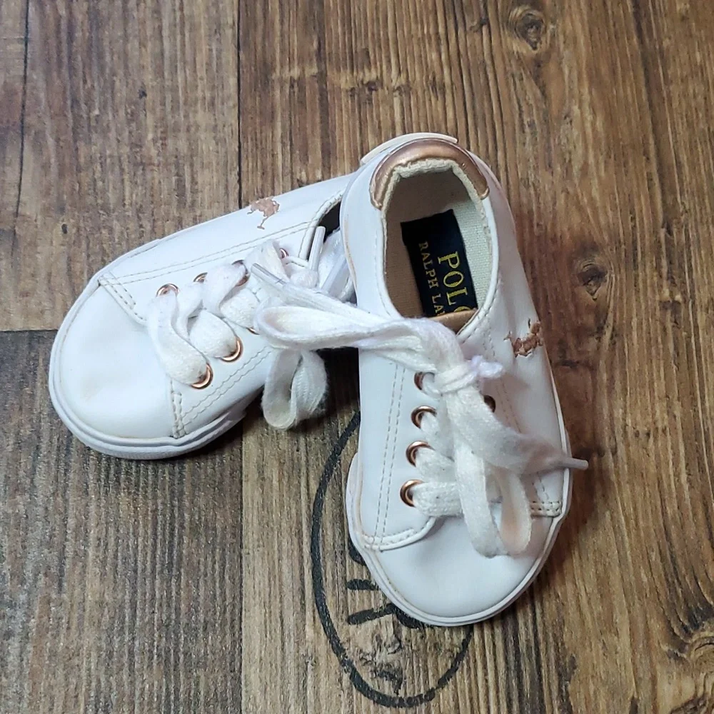 Polo by Ralph Lauren White Kids Sneakers with Rose Gold Accents